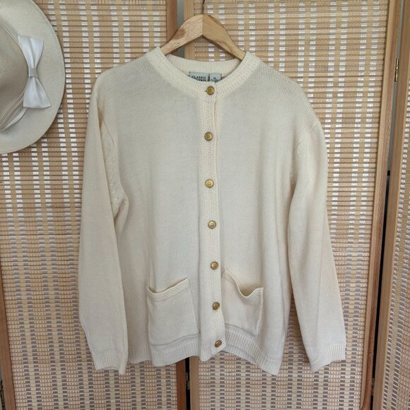 Vintage Cream Button-Up Cardigan Sweater With Pockets L/XL 100% Acrylic - Picture 1 of 10